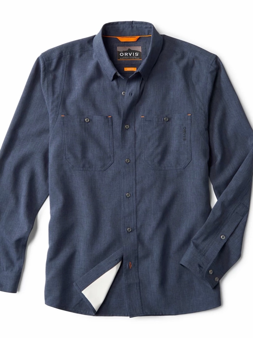 Orvis Tech Chambray Work Shirt Navy Blue Long Sleeve XL Active Fit